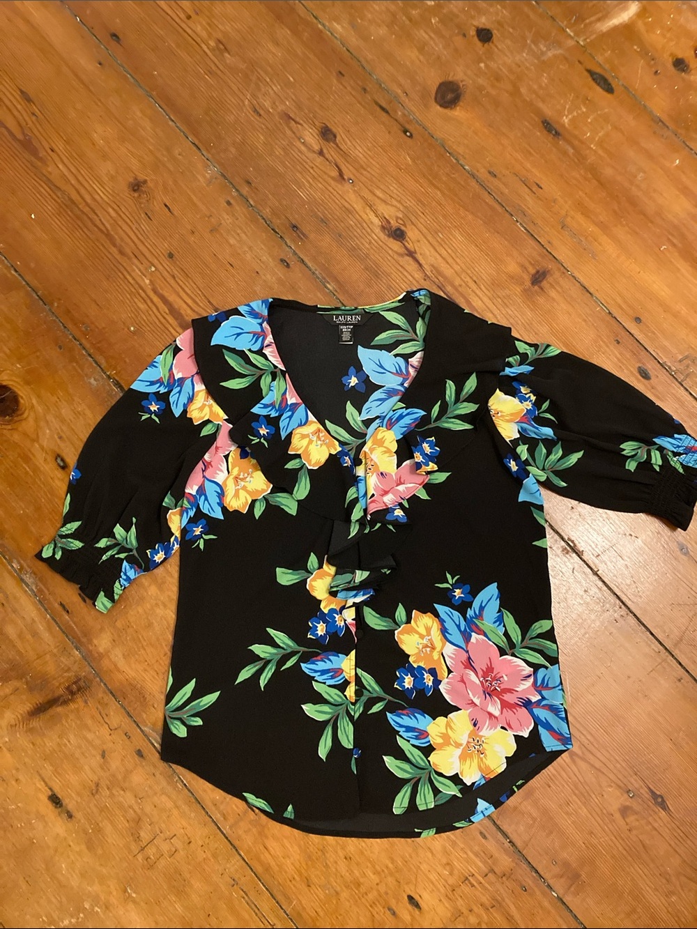 Ralph Lauren Black Floral Ruffle-Trim Button Front Blouse Size:XXS